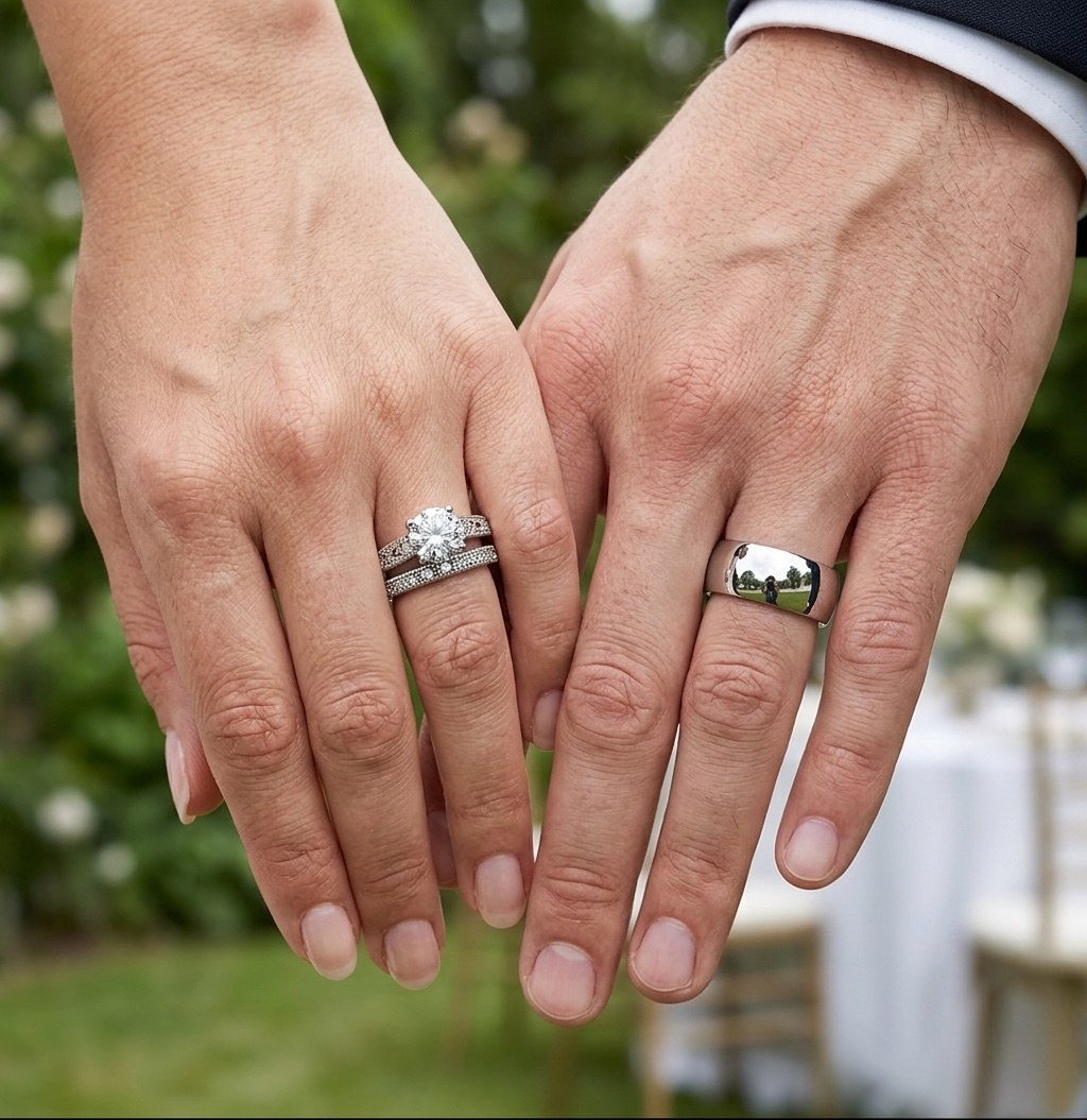 ST2477-AR001 His & Her 3pc Stainless Steel 1.39 Ct Cz Bridal Set & Men's Classic Wedding Band