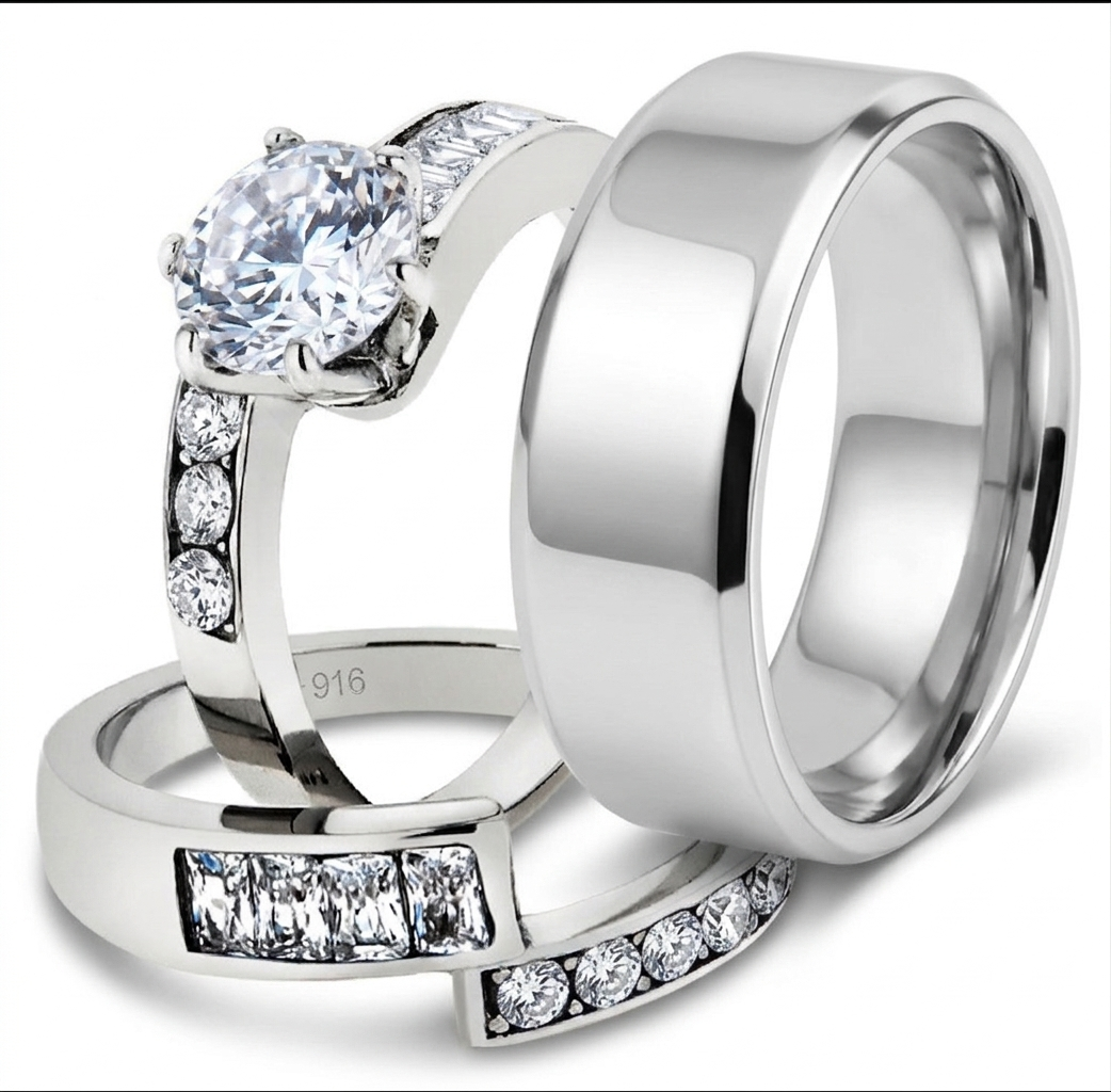 ST2616-ARM0006 His & Her 3pc Stainless Steel 2.50 Ct Cz Bridal Ring Set & Men Beveled Edge Band