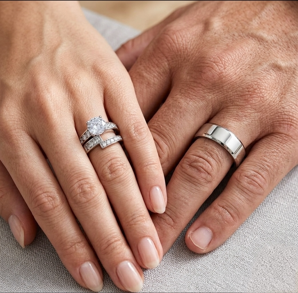 ST2616-ARM0006 His & Her 3pc Stainless Steel 2.50 Ct Cz Bridal Ring Set & Men Beveled Edge Band