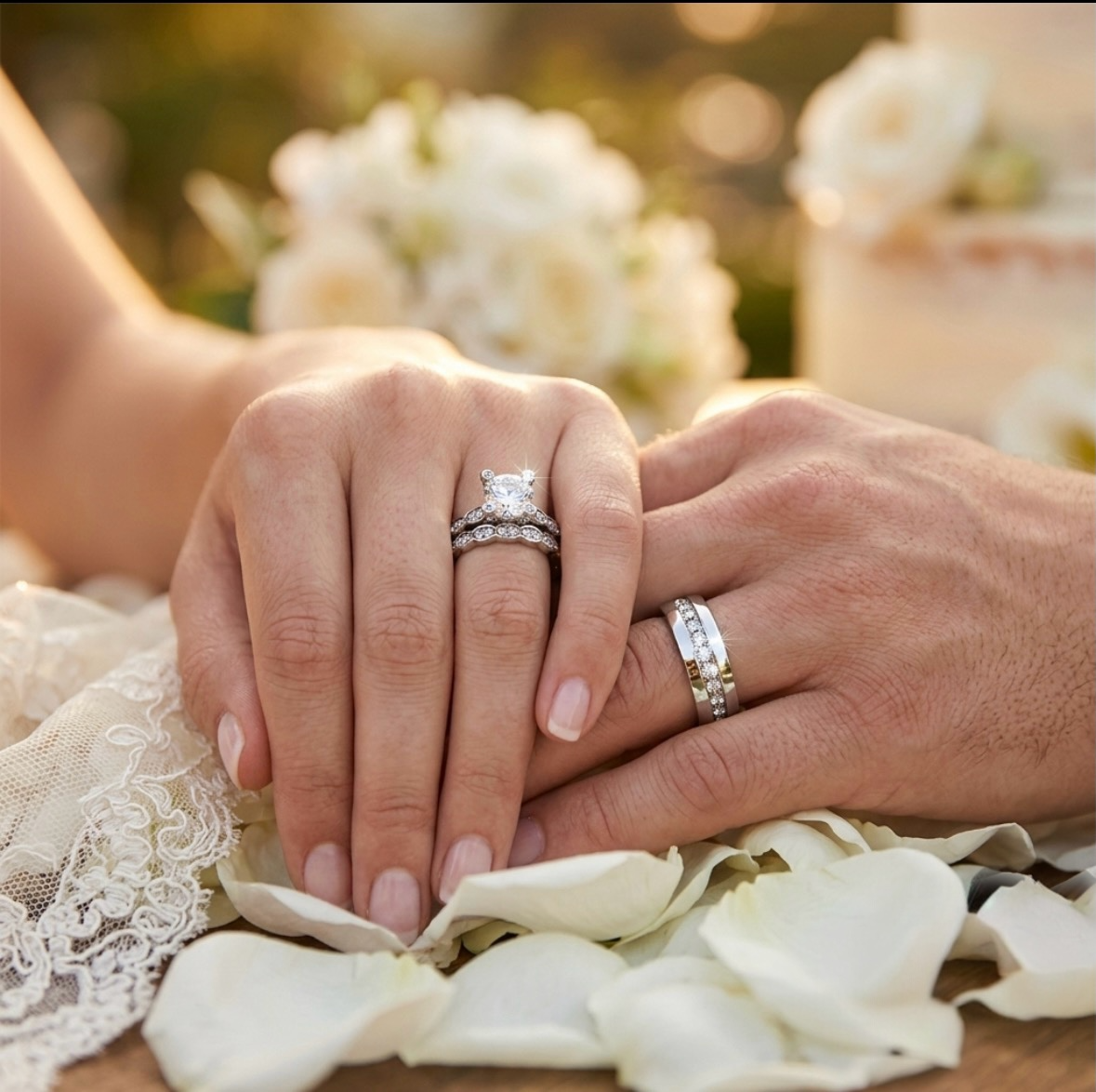 ST2659-ARH1570 His & Hers Stainless Steel 2.25 Ct Cz Bridal Set & Men's Eternity Wedding Band