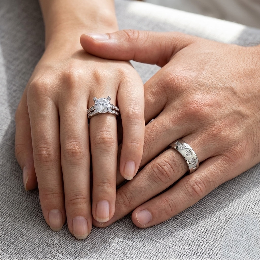 Close-up of two hands holding each other, one wearing a diamond ring and the other a silver band, on a textured fabric background.