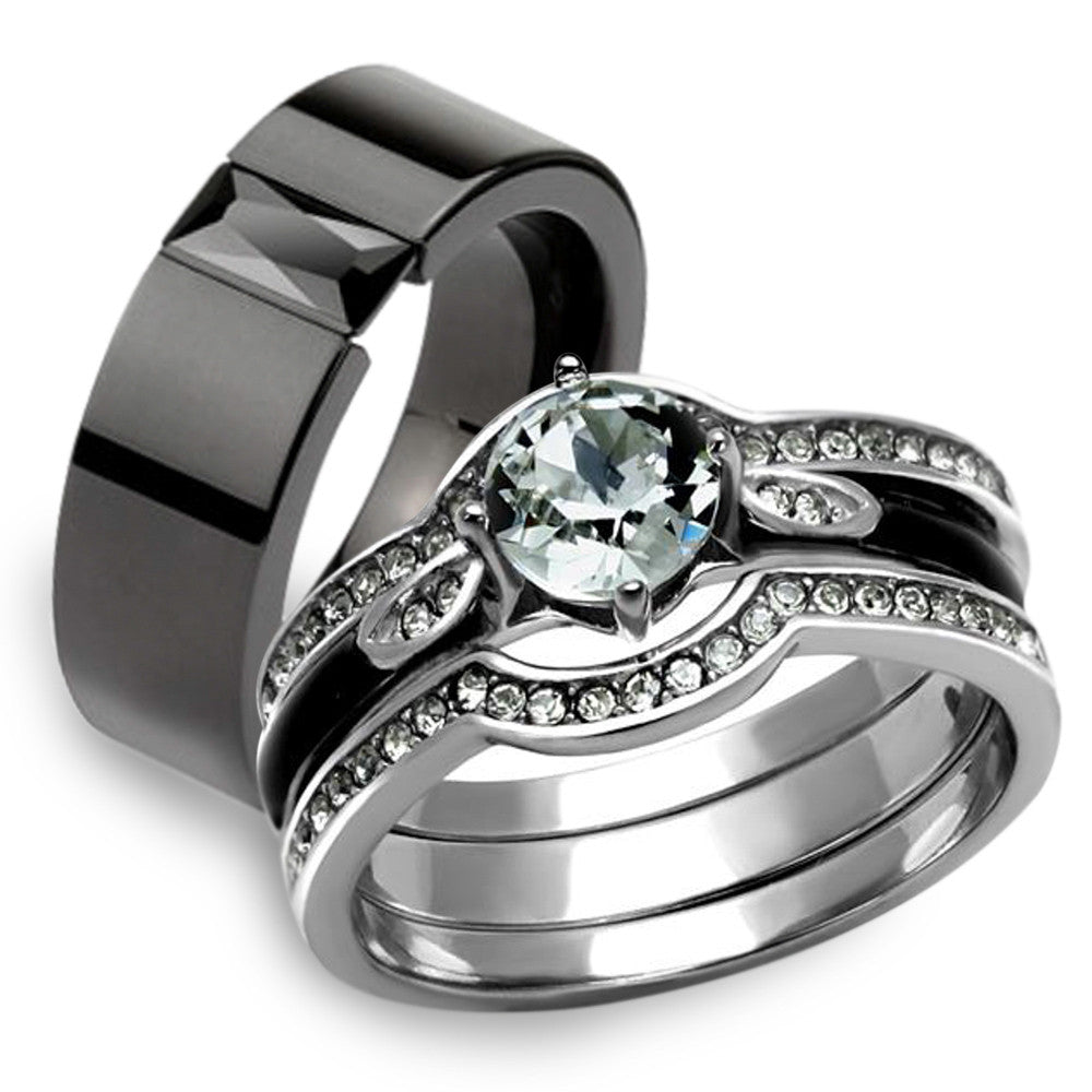 HIS HERS 4 PC SILVER AND BLACK STAINLESS STEEL WEDDING ENGAGEMENT RING BAND SET