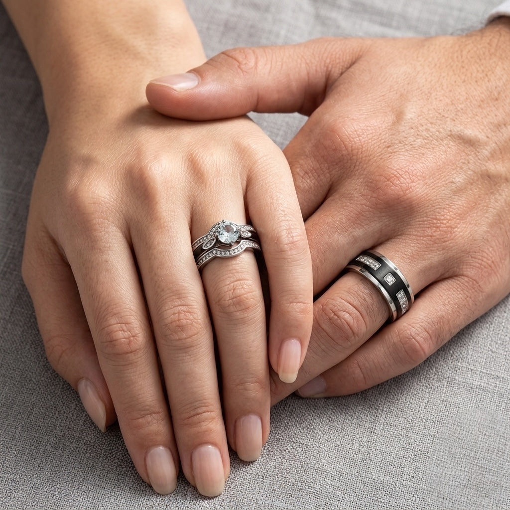 Close-up of two hands with rings on a gray fabric background