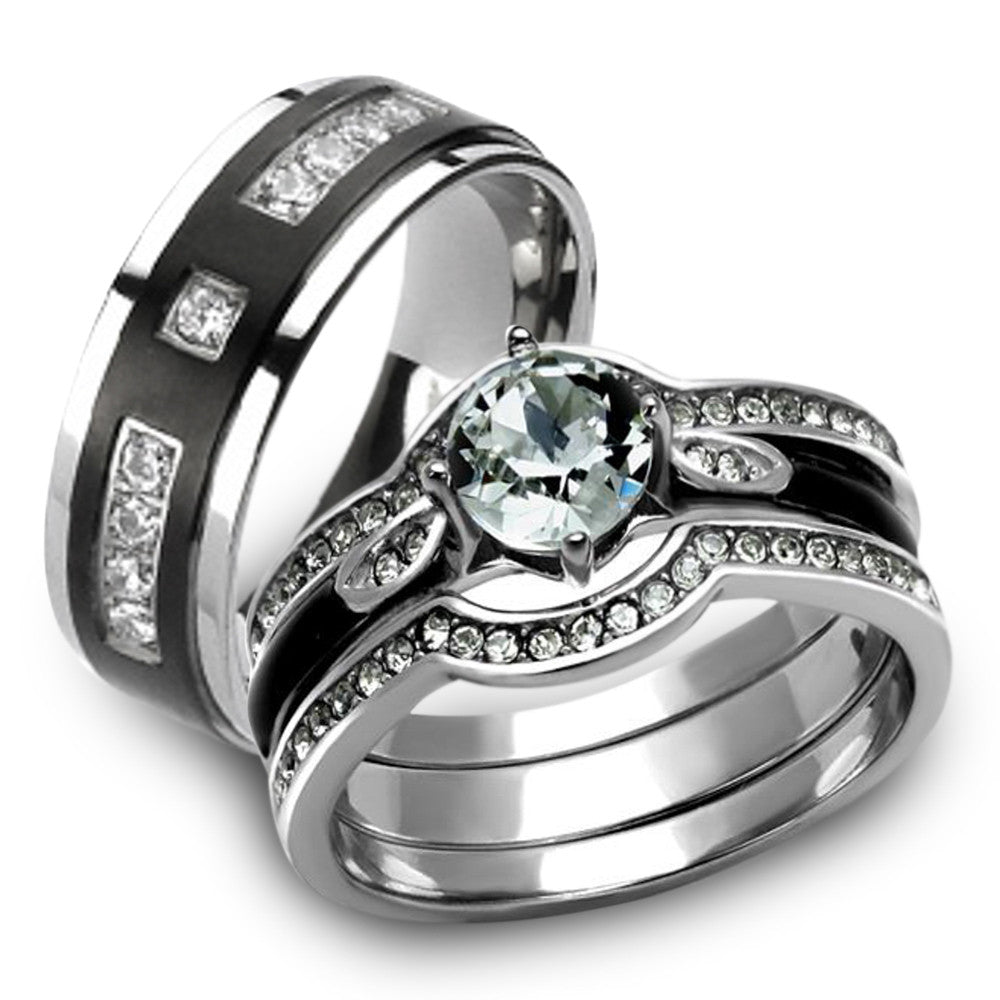 Her & His 4pc Silver & Black Stainless Steel & Titanium Wedding Ring Band Set