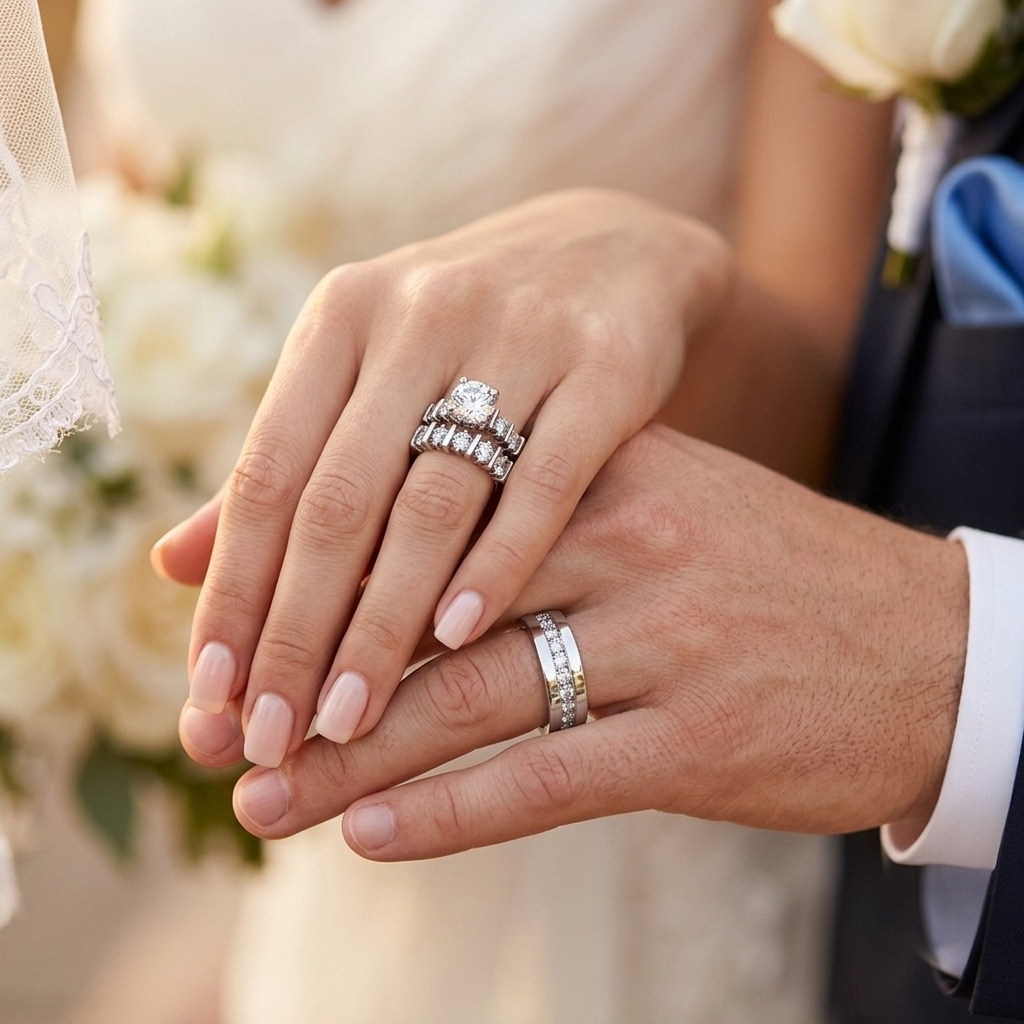 ST2869-ARH1570 His & Hers Stainless Steel 2.38 Ct Cz Bridal Set & Men's Eternity Wedding Band