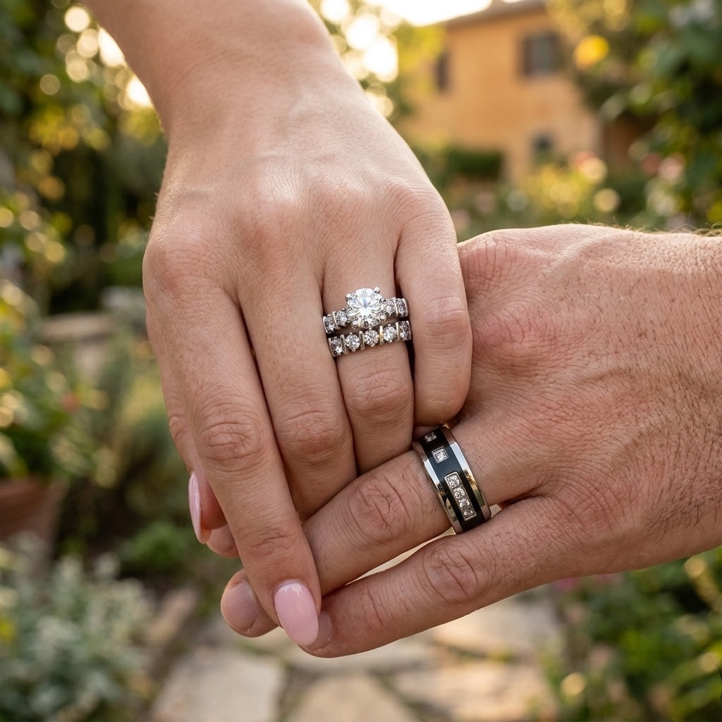 Two hands holding each other with diamond rings on fingers, blurred outdoor background