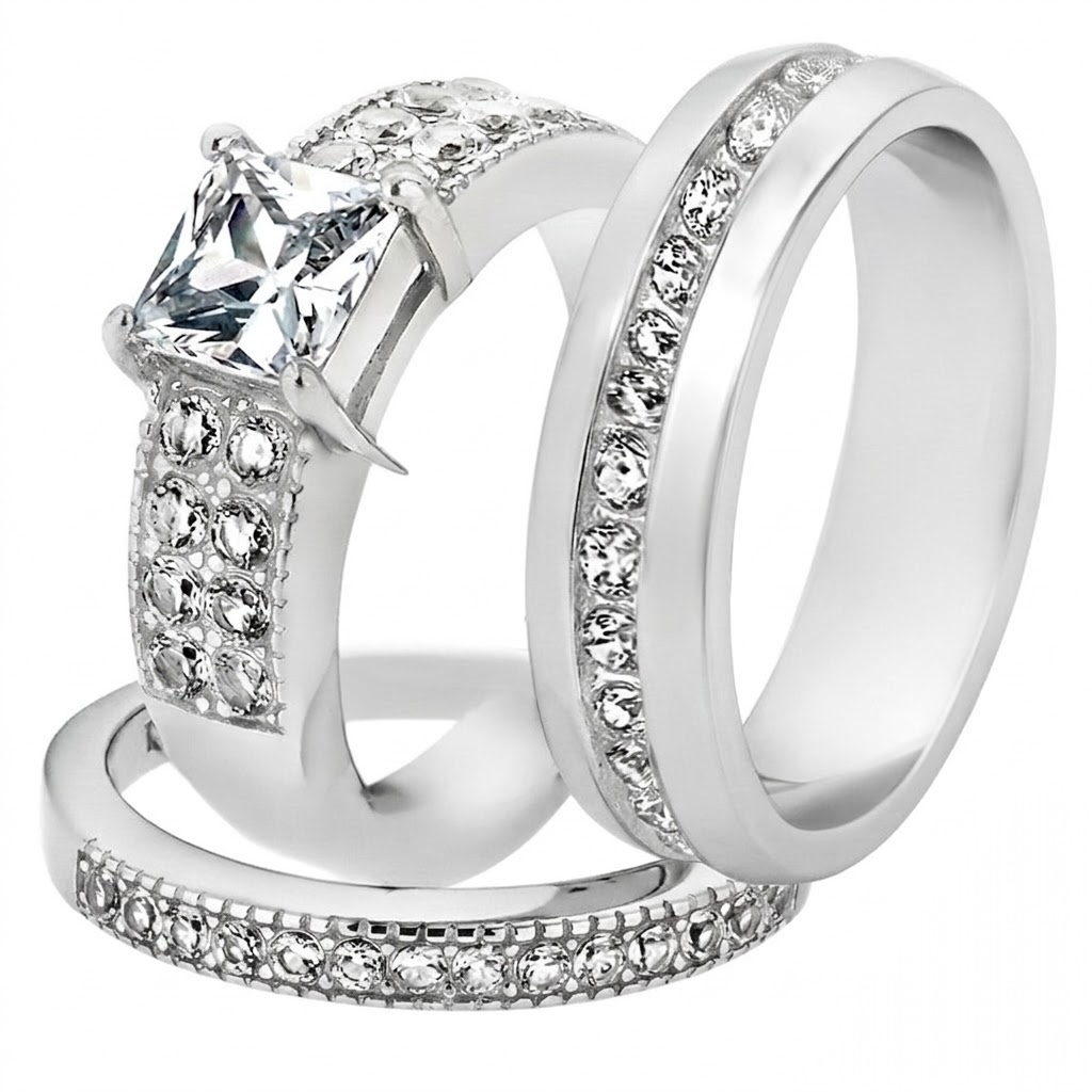 ST2915-ARH1570 His & Hers Stainless Steel 2.07 Ct Cz Bridal Set & Men's Eternity Wedding Band