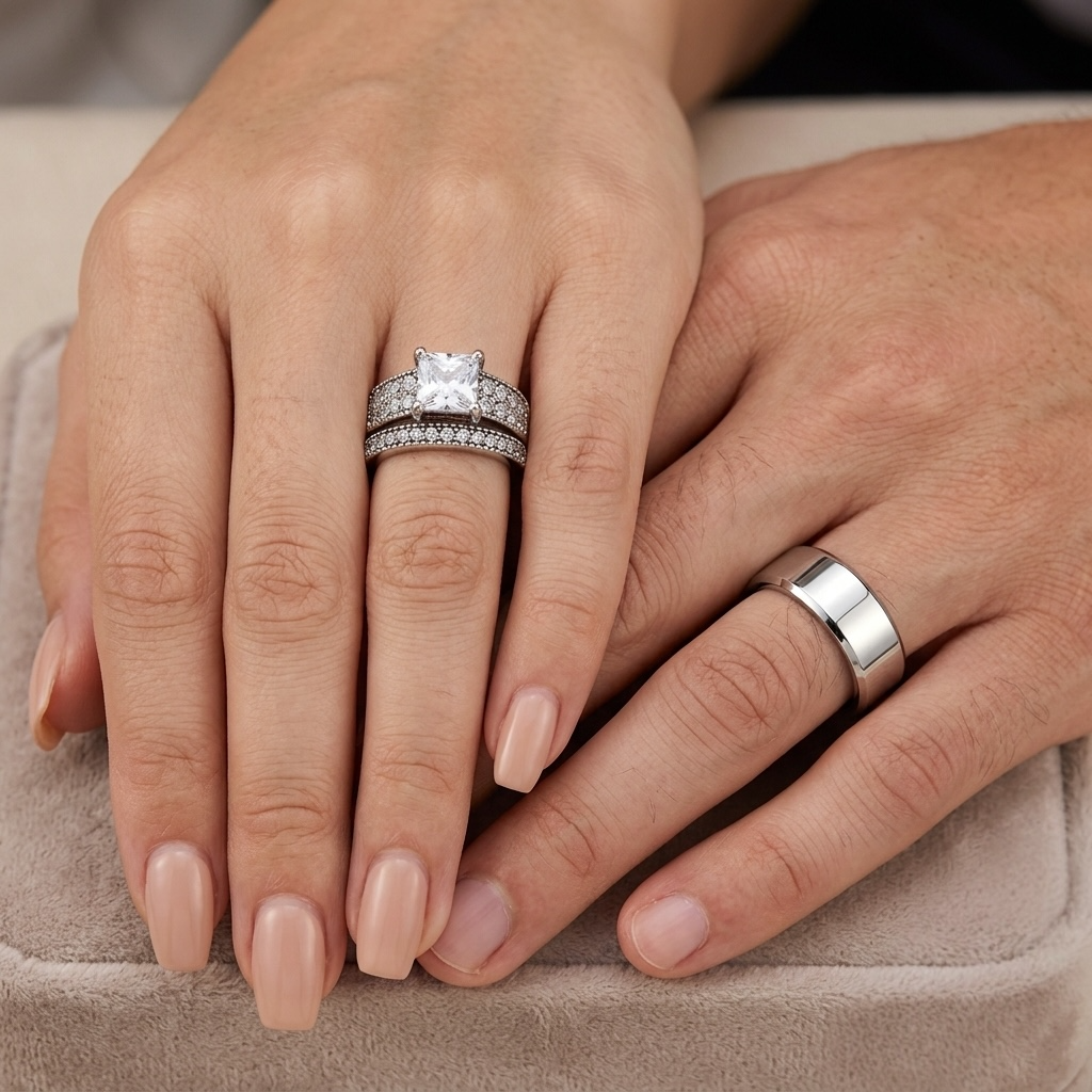 ST2915-ARM0006 His & Her 3pc Stainless Steel 2.07 Ct Cz Bridal Ring Set & Men Beveled Edge Band