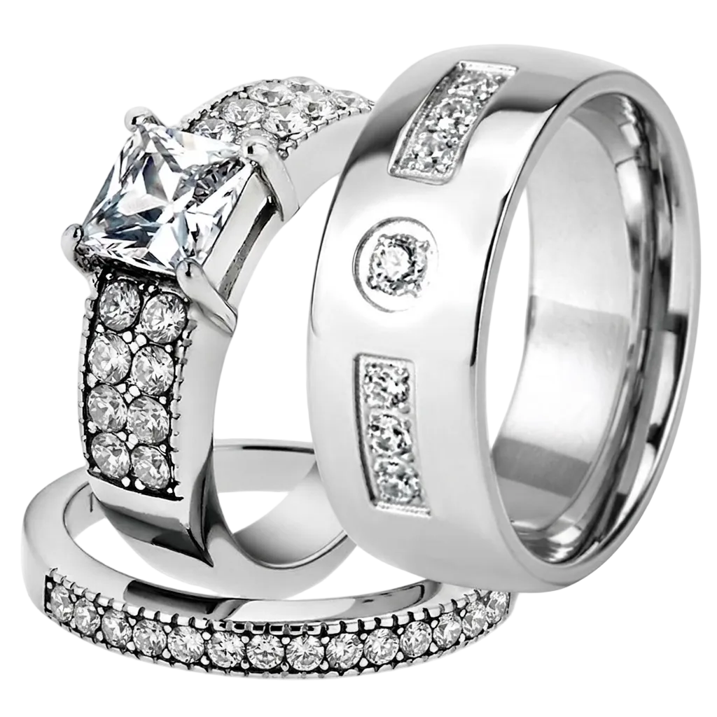ST2915-ARM4587 His & Her Stainless Steel 2.07 Ct Cz Bridal Ring Set & Men Zirconia Wedding Band