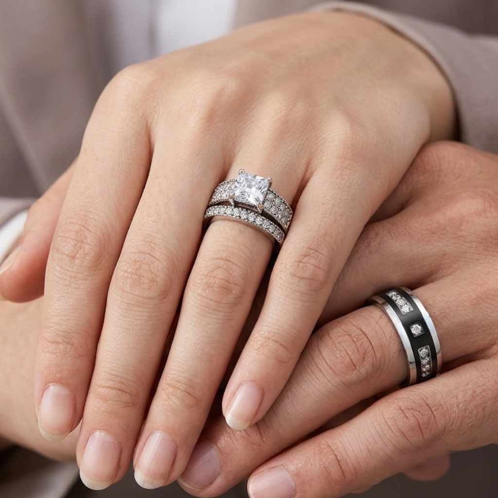 ST2915-ARTI4317 His & Her 3pc Stainless Steel 2.07 Ct Cz Bridal Set & Mens Titanium Wedding Band