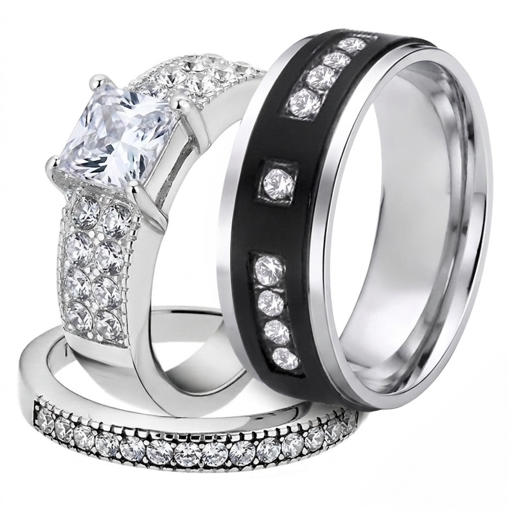 ST2915-ARTI4317 His & Her 3pc Stainless Steel 2.07 Ct Cz Bridal Set & Mens Titanium Wedding Band