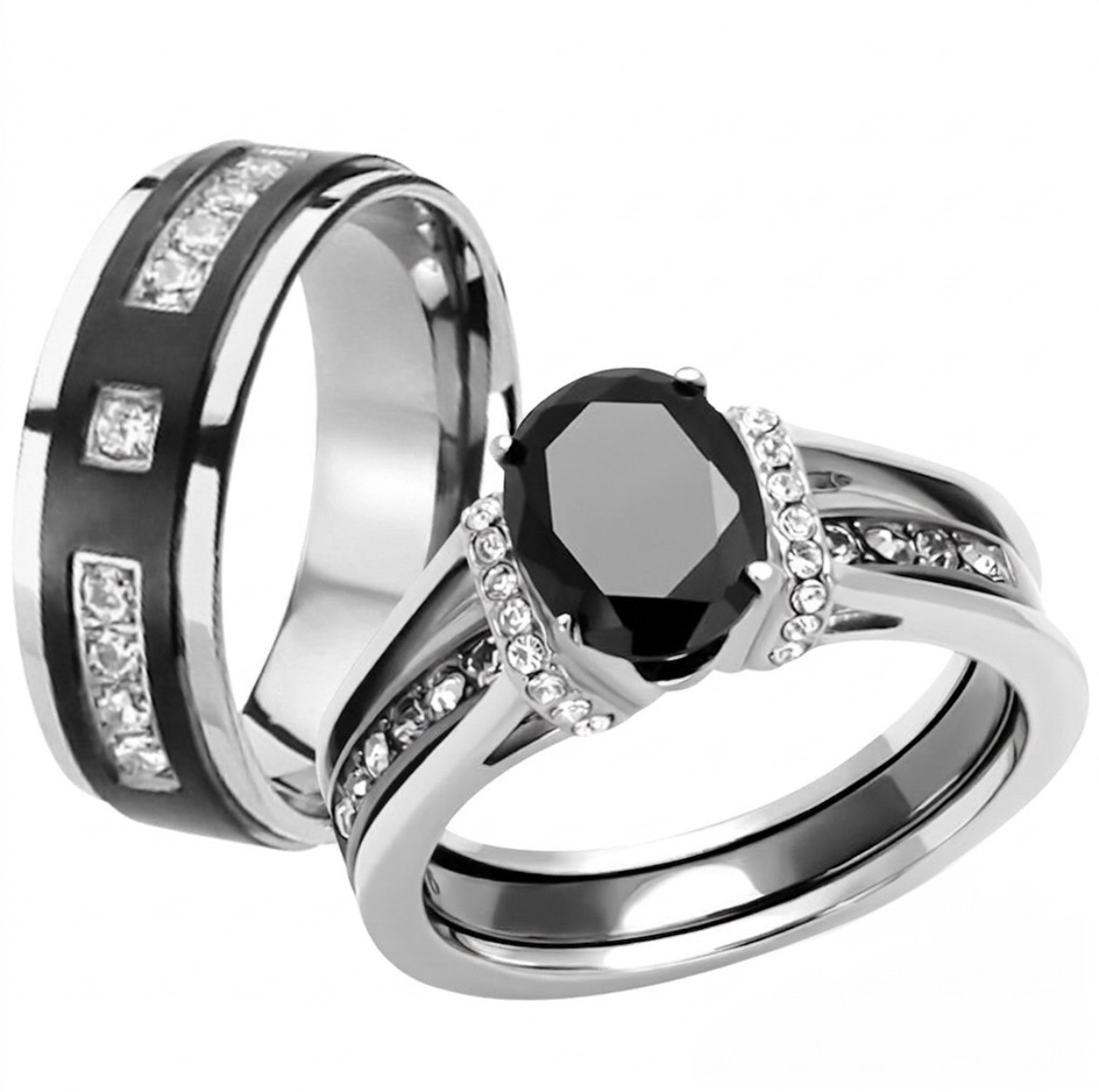 ST2971-ARTI4317 Her & His Black Cz Stainless Steel Wedding Engagement Ring & Titanium Band Set