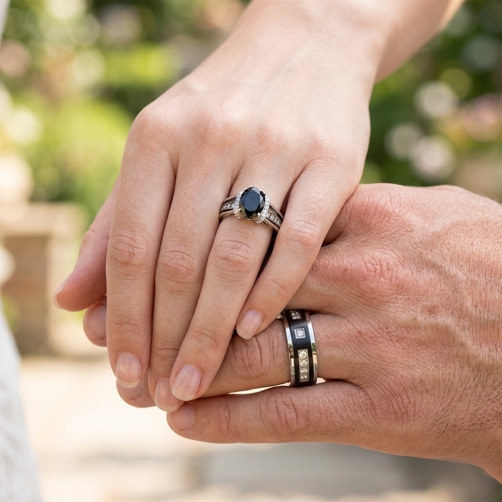 Two hands holding each other with rings on fingers, blurred green background