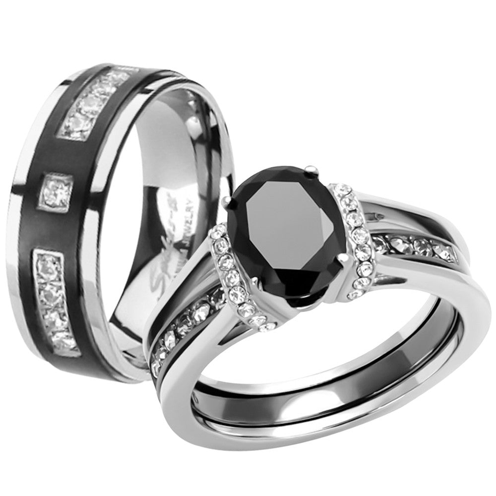 ST2971-ARTI4317 Her & His Black Cz Stainless Steel Wedding Engagement Ring & Titanium Band Set