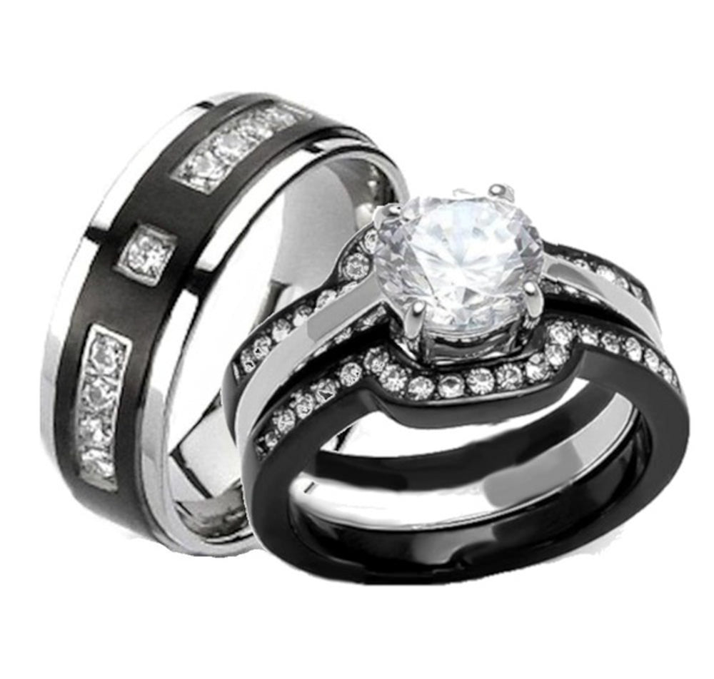 Black & Silver Stainless Steel & Titanium His & Her 4pc Wedding Ring Band Set
