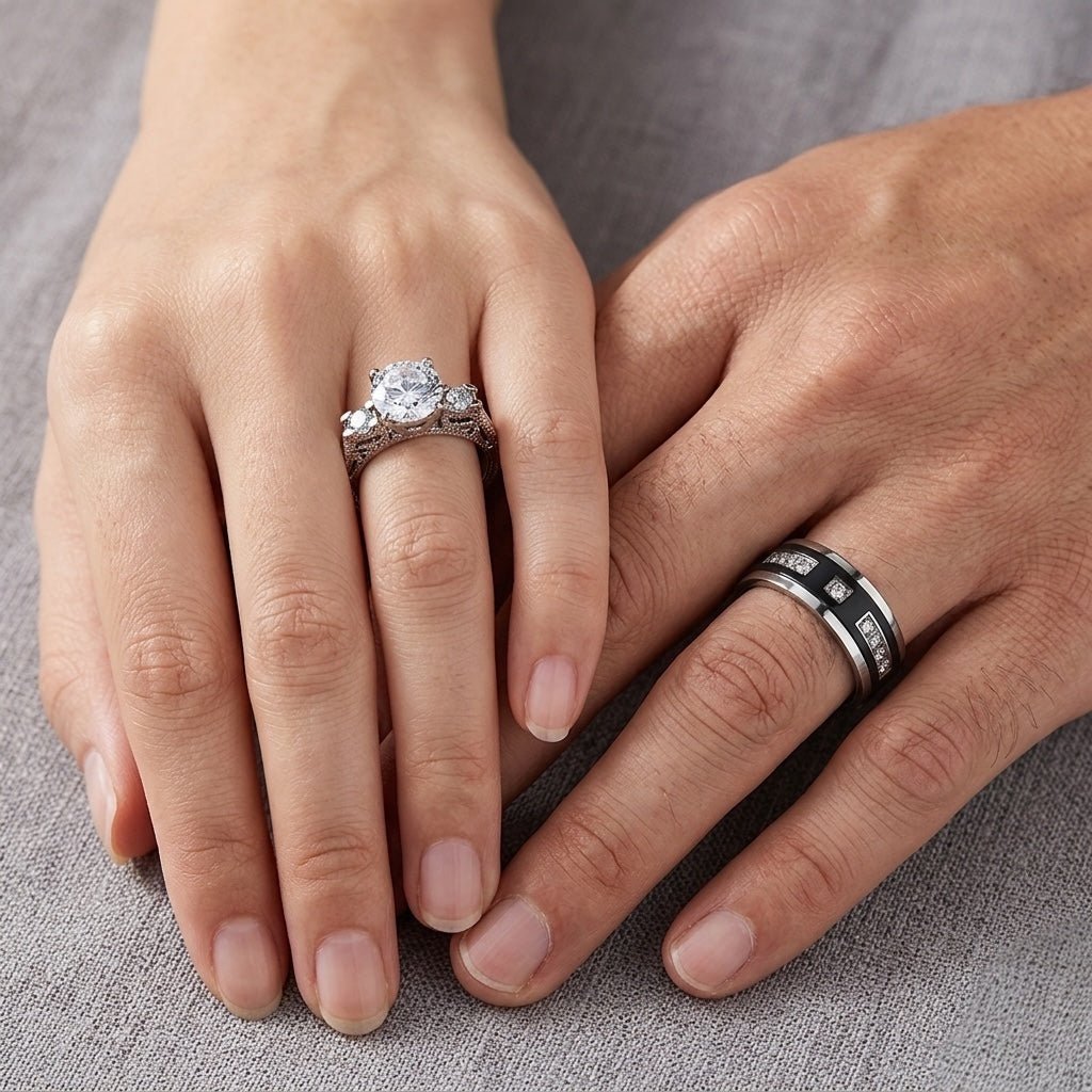 Two hands with diamond rings on a gray fabric background