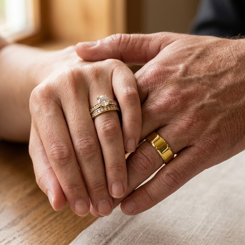 Close-up of two hands holding each other, wearing gold rings.
