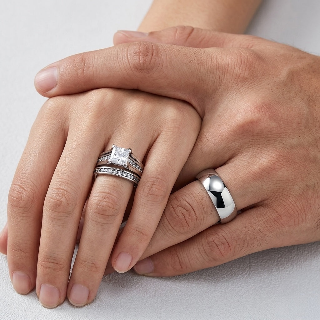 Close-up of two hands with wedding rings on a light background