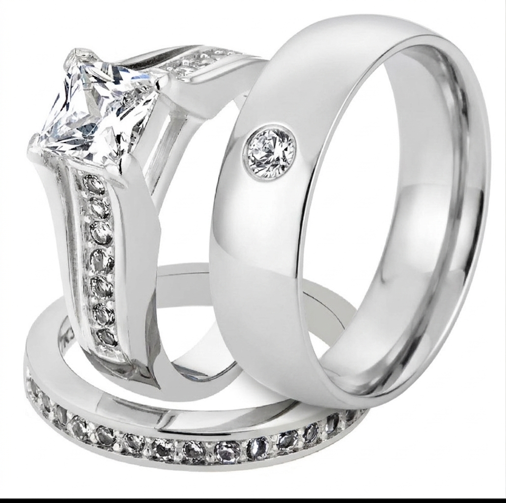 ST969-AR011 Hers & His Stainless Steel Princess Bridal Ring Set & Mens Zirconia Wedding Band