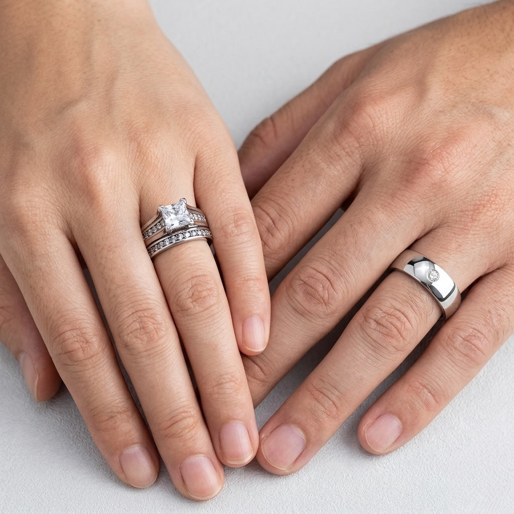 Two hands with diamond rings on a light background