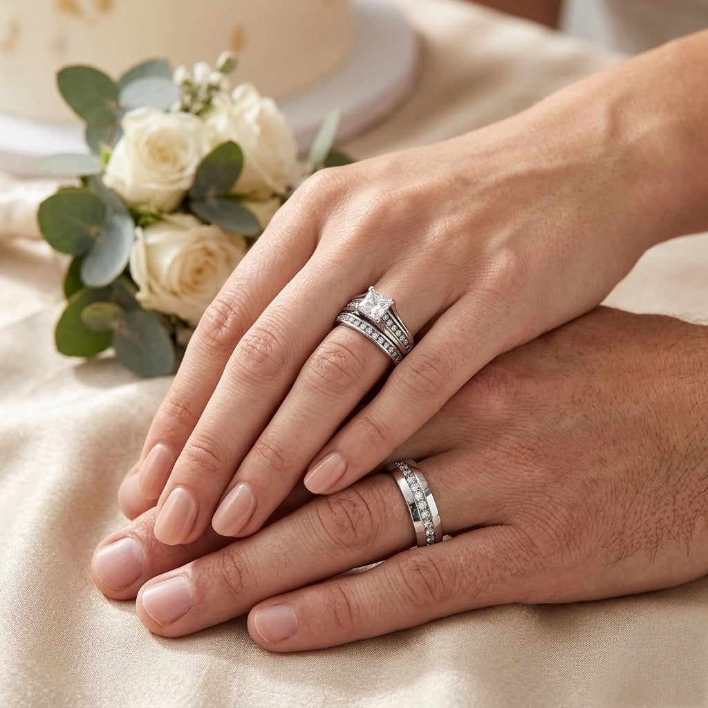 Close-up of two hands with wedding rings on a beige surface with a bouquet of white roses.