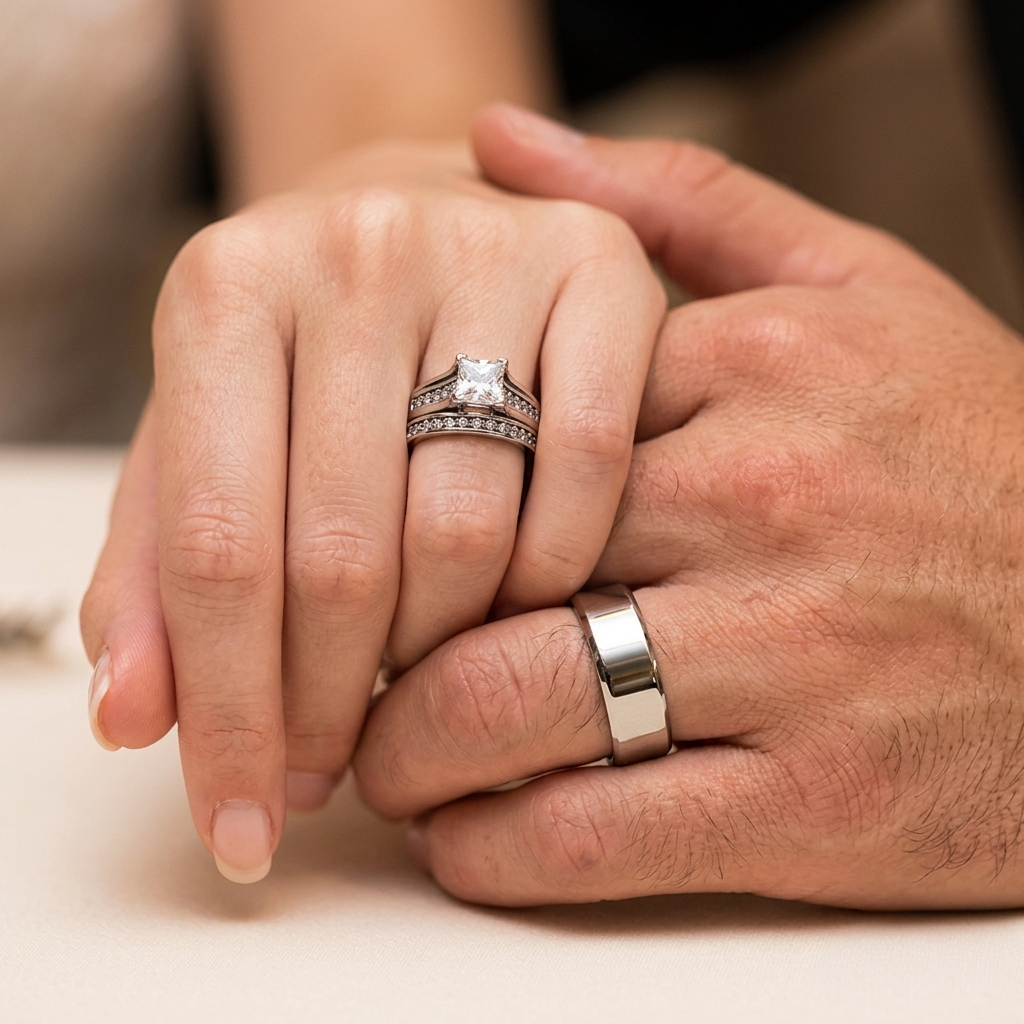 Close-up of two hands holding each other, wearing wedding rings.