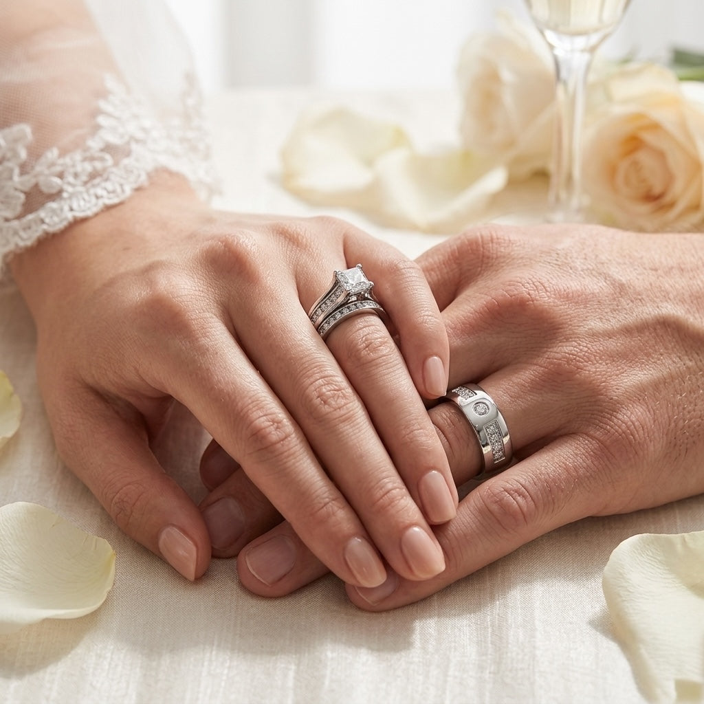 Two hands holding each other with wedding rings, surrounded by white roses and a glass of champagne.