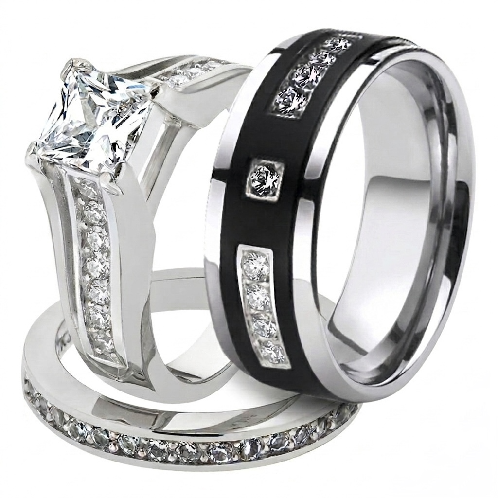 ST969-ARTI4317 His & Her Stainless Steel 2.10 Ct Cz Bridal Set & Men's Titanium Wedding Band
