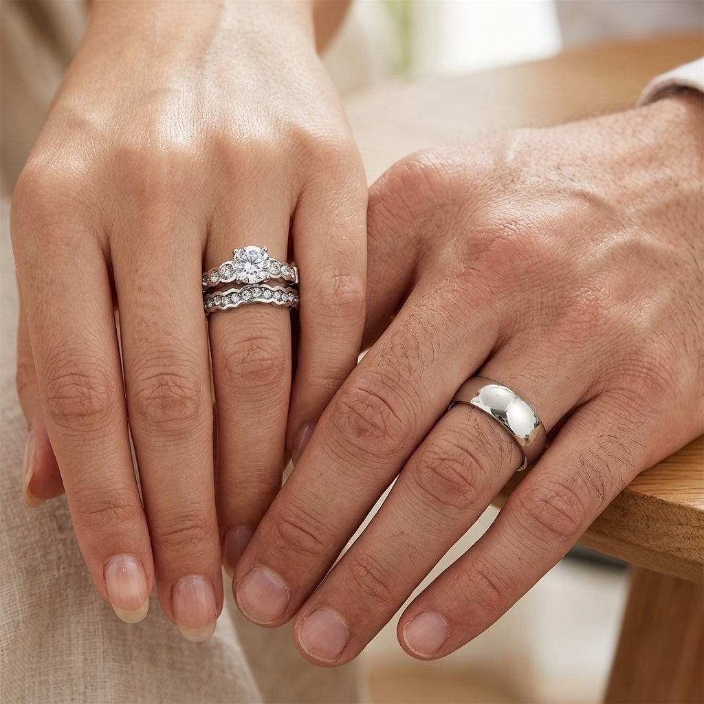 Close-up of two hands with wedding rings on a blurred background