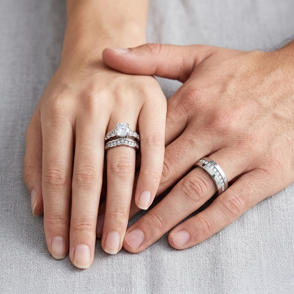 Close-up of two hands with diamond rings on a neutral background