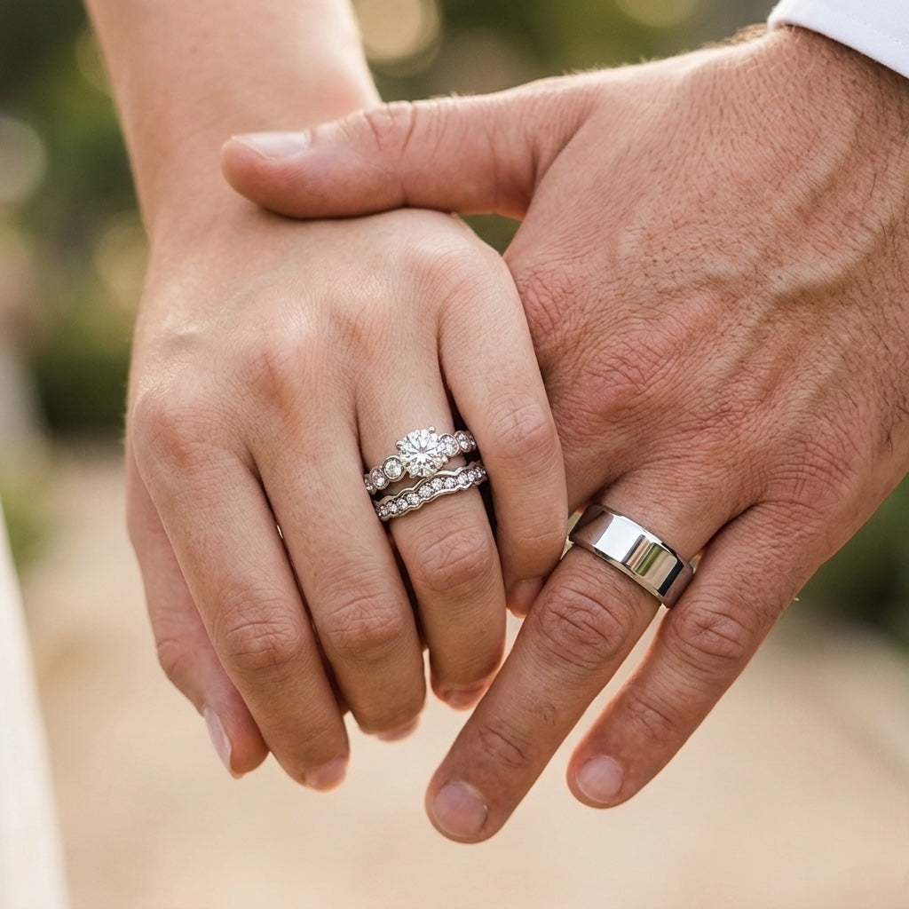 Close-up of two hands holding each other, wearing wedding rings.