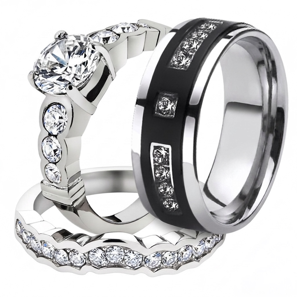 ST974-ARTI4317 His & Her 3 Piece Stainless Steel Bridal Ring Set & Men's Titanium Wedding Band