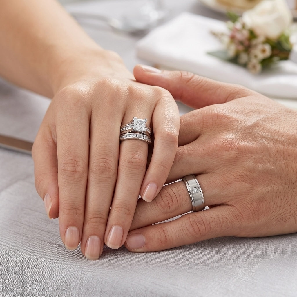 Two hands holding each other with diamond rings on a light background