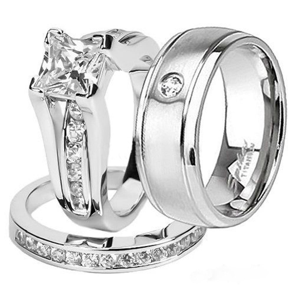 Her & His .925 Sterling Silver Princess Wedding Ring Set & Titanium Wedding Band