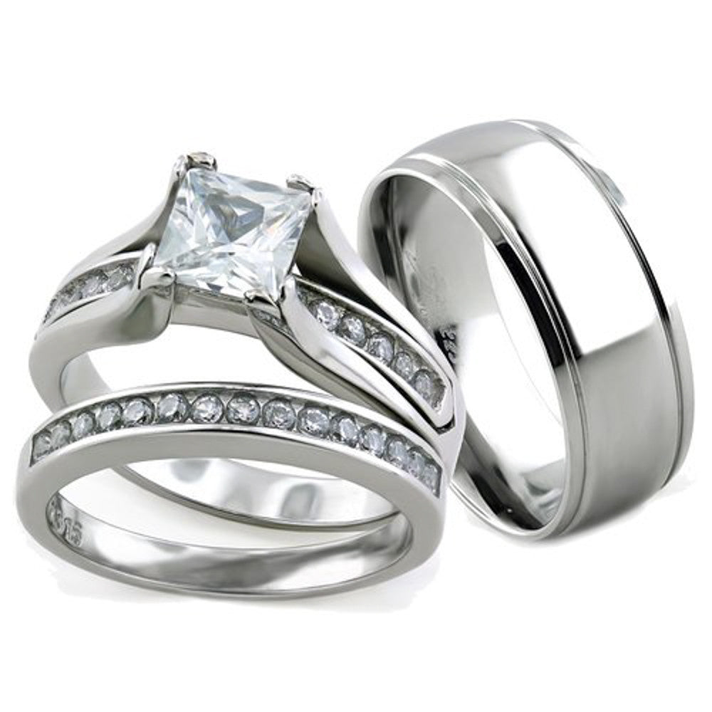 Her & His 3pc Stainless Steel Wedding Engagement Ring & Classic Men's Band Set