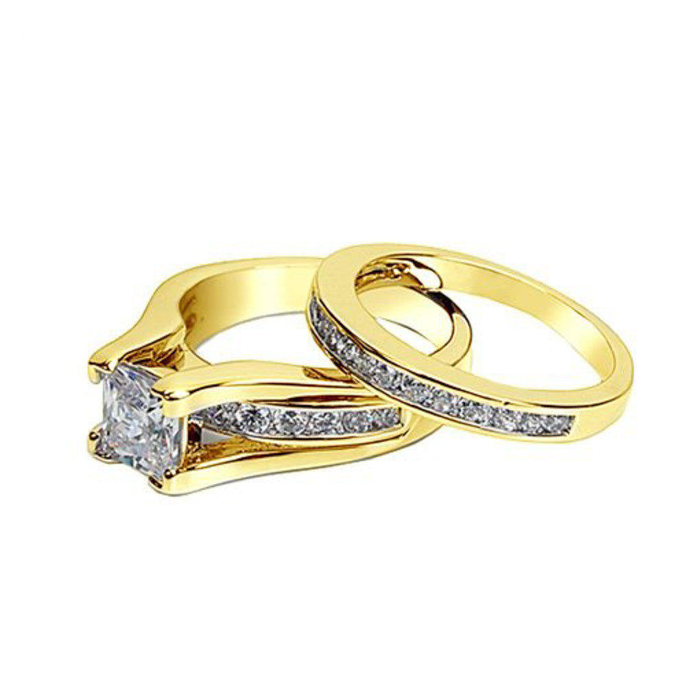 ST0W384-AR002 Her & His 14K G.P. Stainless Steel 3pc Wedding Engagement Ring & Men's Band Set