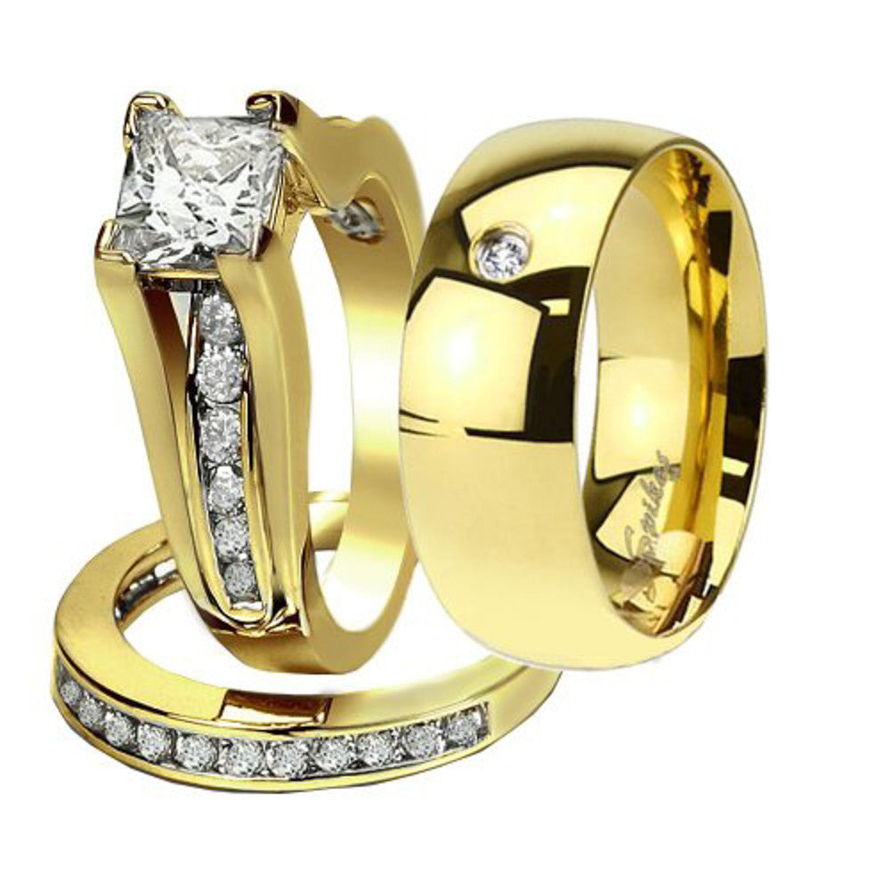 His & Her 14K G.P. Stainless Steel 3pc Wedding Engagement Ring & Men's Band Set