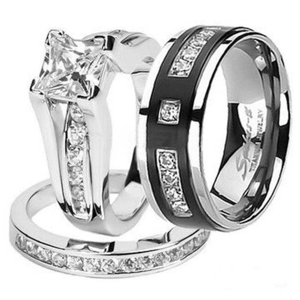 Hers and His Stainless Steel Princess Wedding Ring Set and Titanium Wedding Band