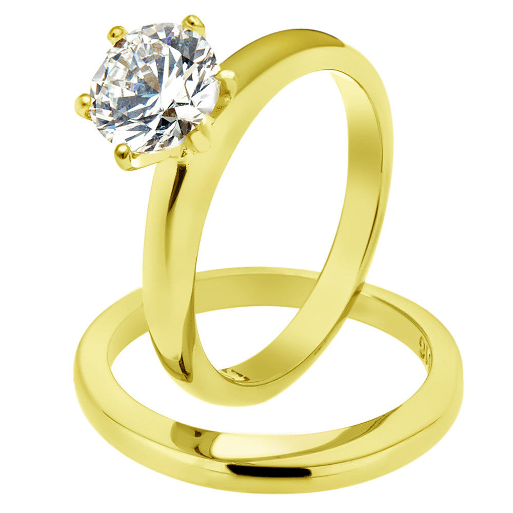 ST097G-AR012 His & Her 2.05Ct Stainless Steel Gold Plated Bridal Ring Set & Men Zirconia Band