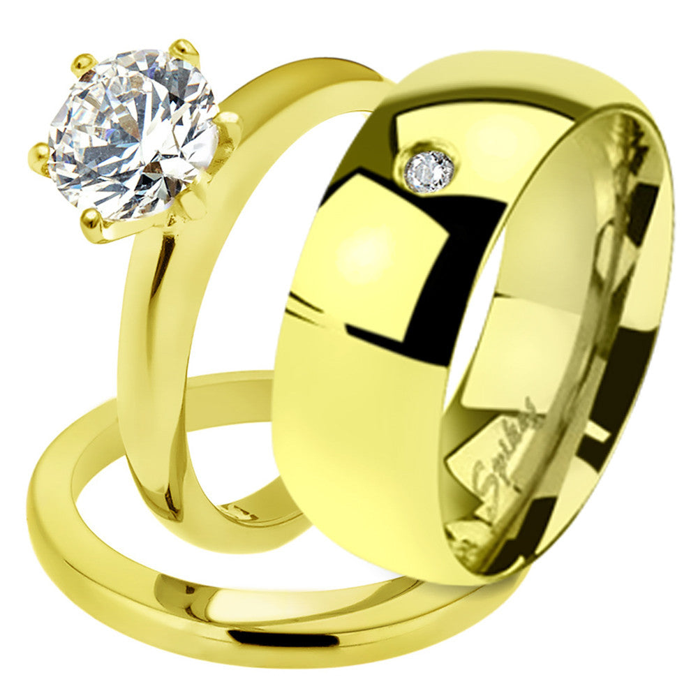 His & Her 2.05Ct Stainless Steel Gold Plated Bridal Ring Set & Men Zirconia Band