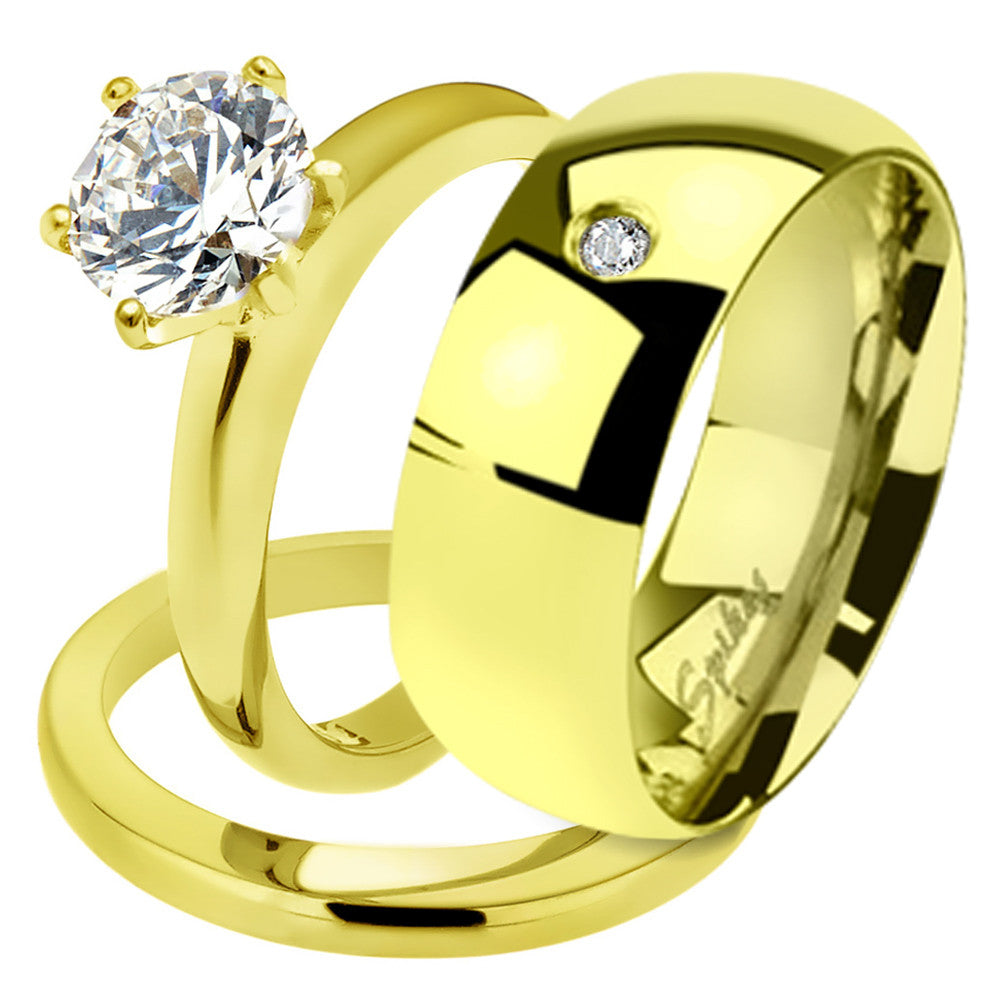 thumbnail image 2 of His & Her 3pc Wedding Ring Set – 14K Gold Plated Stainless Steel With Cubic Zirconia 2 of 3