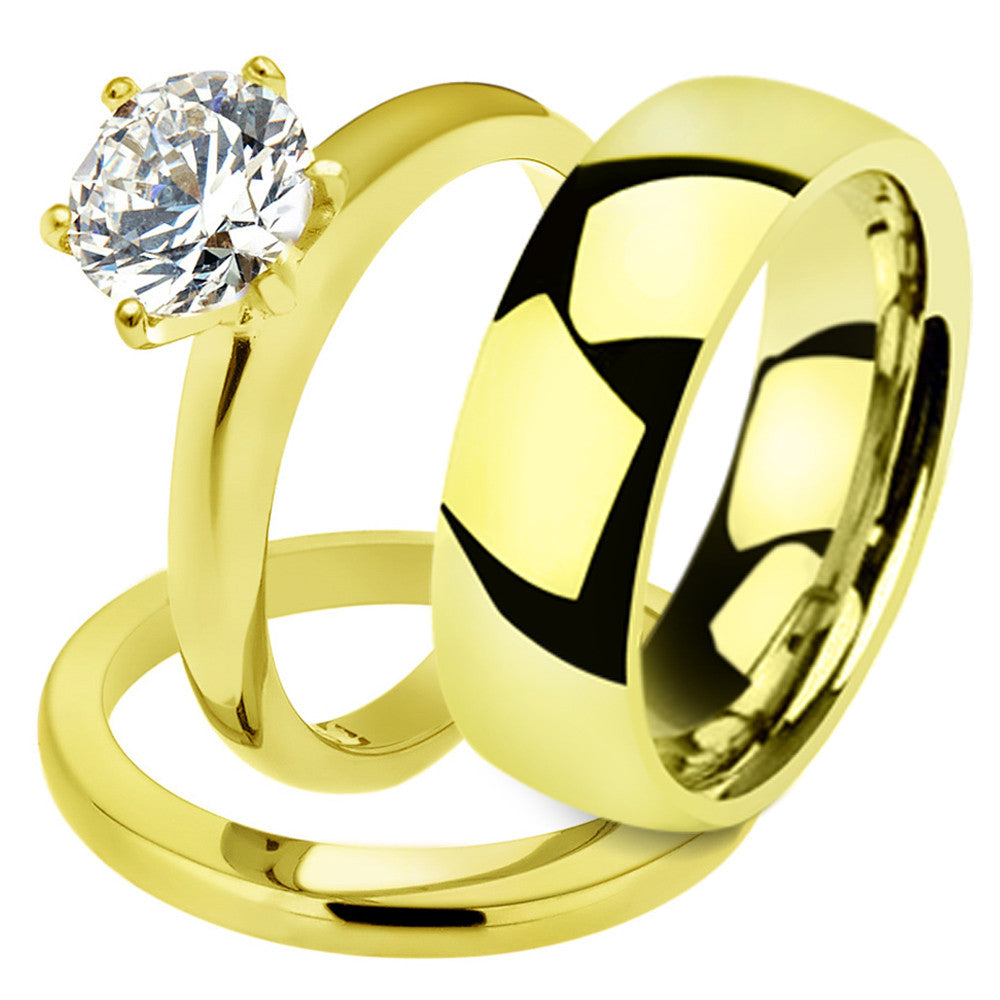 His & Her 2.05Ct Stainless Steel Gold Plated Bridal Ring Set & Mens Classic Band