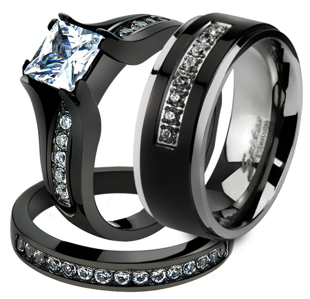 Her & His 3 Pc Black Stainless Steel Engagement Wedding Ring Set & Titanium Band