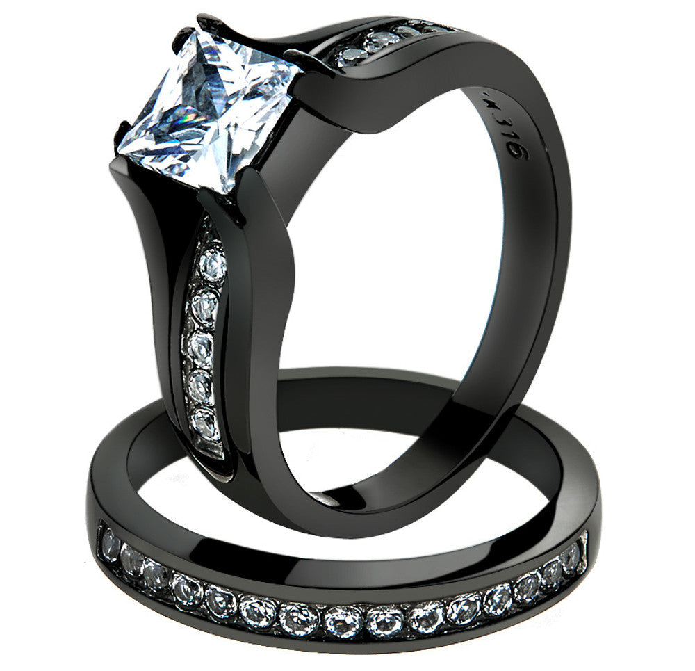 ST0W383J-ARTI4317 His & Her Black Plated Stainless Steel Bridal Ring Set & Titanium Wedding Band