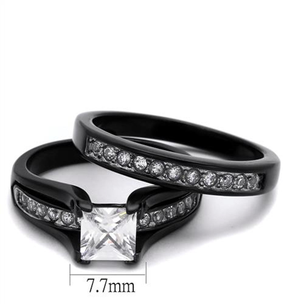 Hers & His Black Ion Plated Stainless Steel 3pc Wedding Engagement Ring Band Set