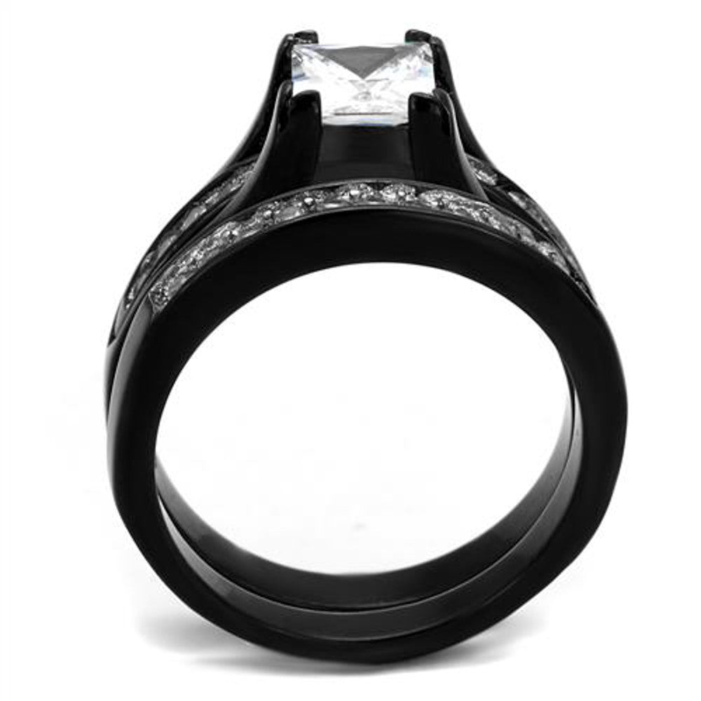 Hers & His Black Ion Plated Stainless Steel 3pc Wedding Engagement Ring Band Set