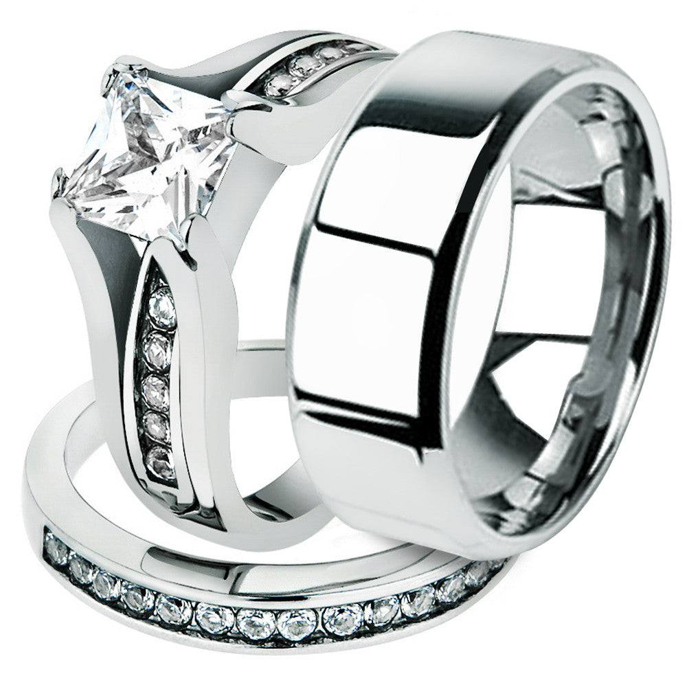 His and Hers Stainless Steel Princess Wedding Ring Set & Beveled Edge Wedding Band