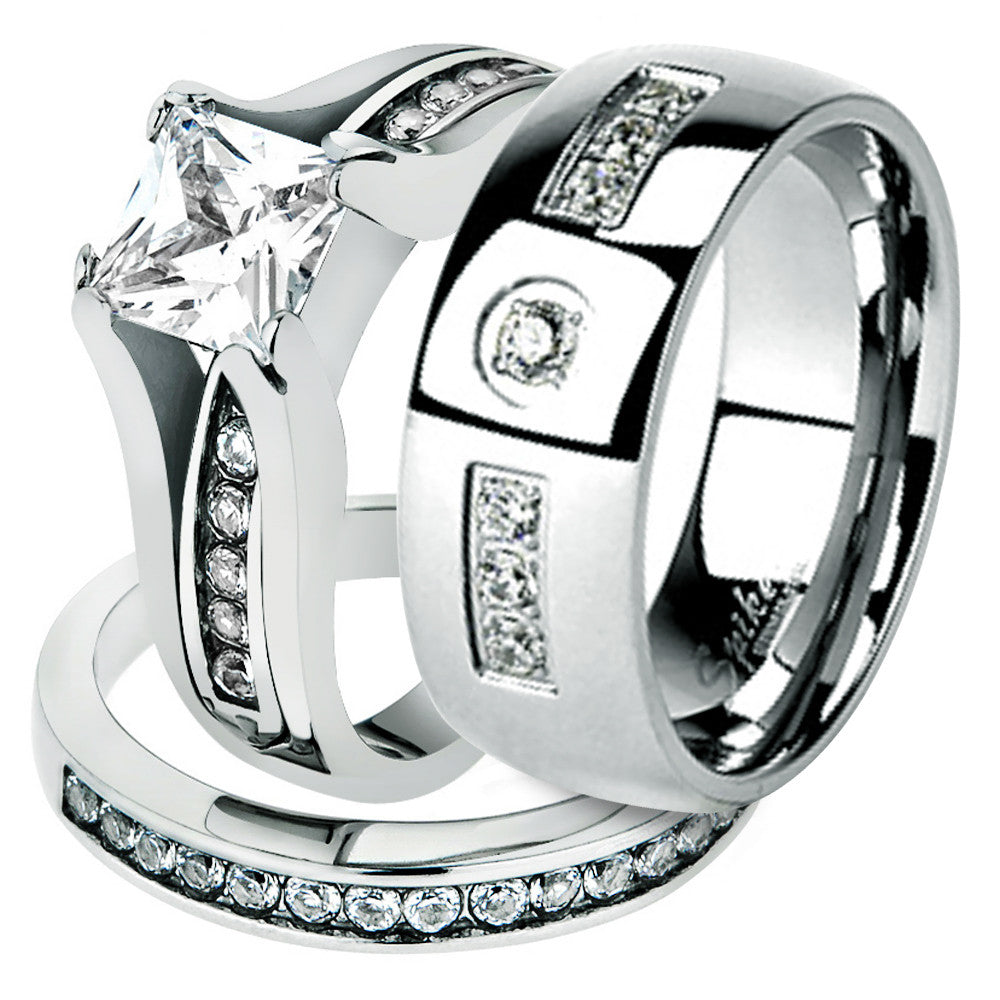 His and Hers Stainless Steel Princess Wedding Ring Set and Zirconia Wedding Band