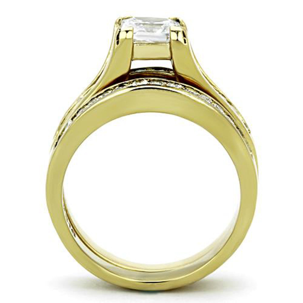 ST0W384-AR081 Stainless Steel Her & His 14K G.P. 3pc Wedding Engagement Ring & Men's Band Set