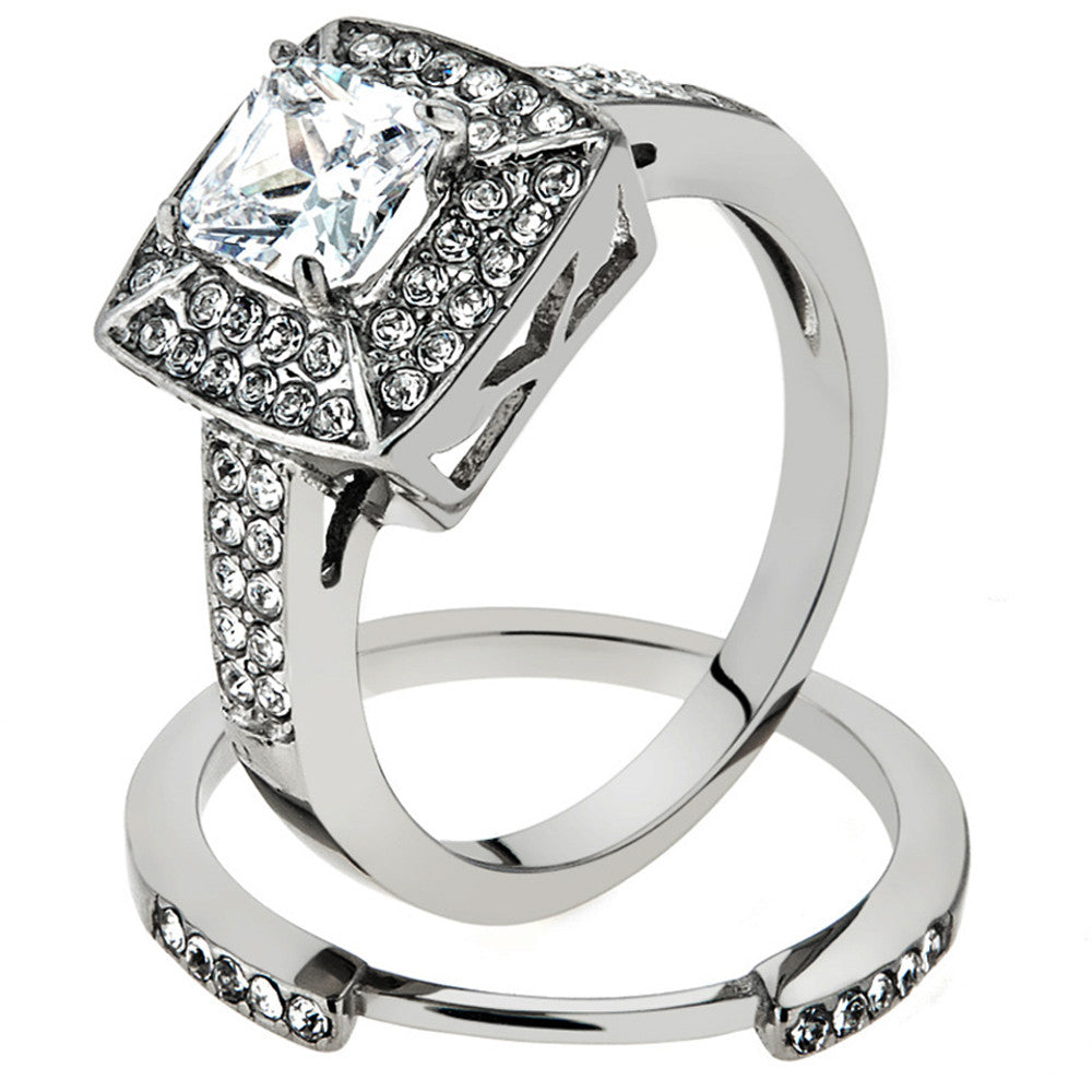 2.65 Ct Halo Princess Cut CZ Stainless Steel 316L Wedding Ring Set Women's Size 5-10